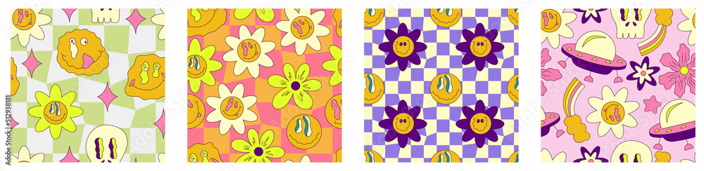 Trippy smile seamless pattern set with ufo, skull, daisy and rainbow. Psychedelic hippy groovy print. Good 60s, 70s, mood. Vector trippy crazy illustration. Smile face seamless pattern y2k style