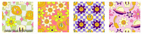 Trippy smile seamless pattern set with ufo, skull, daisy and rainbow. Psychedelic hippy groovy print. Good 60s, 70s, mood. Vector trippy crazy illustration. Smile face seamless pattern y2k style