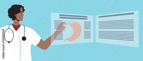 Doctor and hologram with stomach, flat vector stock illustration as concept of scientific experiment and modern digital technology in medicine