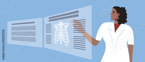 Doctor and hologram with spine and ribs, flat vector stock illustration as concept of scientific experiment and modern digital technology in medicine