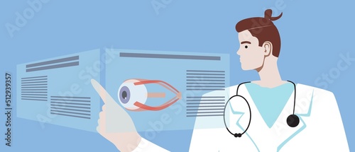 Doctor and hologram with eyes and optic nerve, flat vector stock illustration as concept of scientific experiment and modern digital technology in medicine