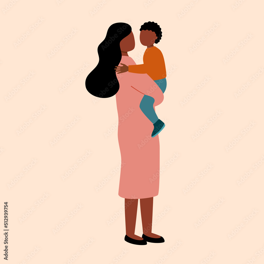 African mother carrying her son in flat design. Mom child concept vector illustration.