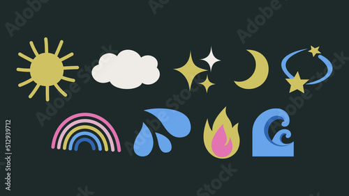Set of isolated weather icons. Cute collection of weather illustrations. Vector design elements of sun rain cloud etc.