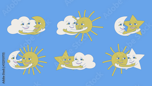 Set of isolated weather icons. Cute collection of embracing illustrations. Vector design elements of sun moon cloud and star hugs