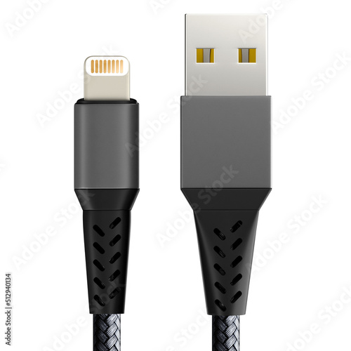 USB cable type A, and type C plugs, micro USB and lightning, universal computer and phone connection on white background. isolated usb cord.  Charger usb cable on a white background. 3D render. 