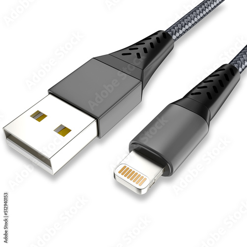 USB cable type A, and type C plugs, micro USB and lightning, universal computer and phone connection on white background. isolated usb cord.  Charger usb cable on a white background. 3D render. 