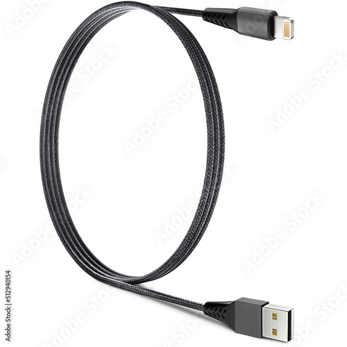 USB cable type A, and type C plugs, micro USB and lightning, universal computer and phone connection on white background. isolated usb cord.  Charger usb cable on a white background. 3D render. 