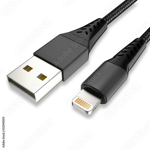 USB cable type A, and type C plugs, micro USB and lightning, universal computer and phone connection on white background. isolated usb cord.  Charger usb cable on a white background. 3D render. 