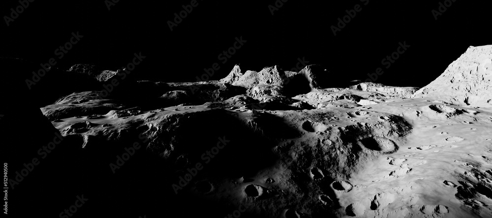 Foto Moon surface scene 3D rendering. Dark background moonscape.