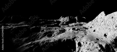Moon surface scene 3D rendering. Dark background moonscape.