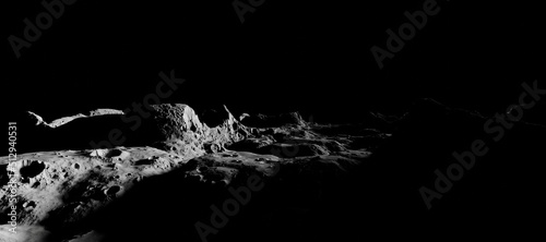 Moon surface scene 3D rendering. Dark background moonscape.
