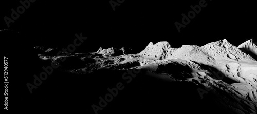Moon surface scene 3D rendering. Dark background moonscape. photo