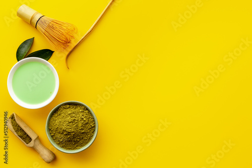 Tea ceremony with matcha powder and hot drink, top view Fototapet