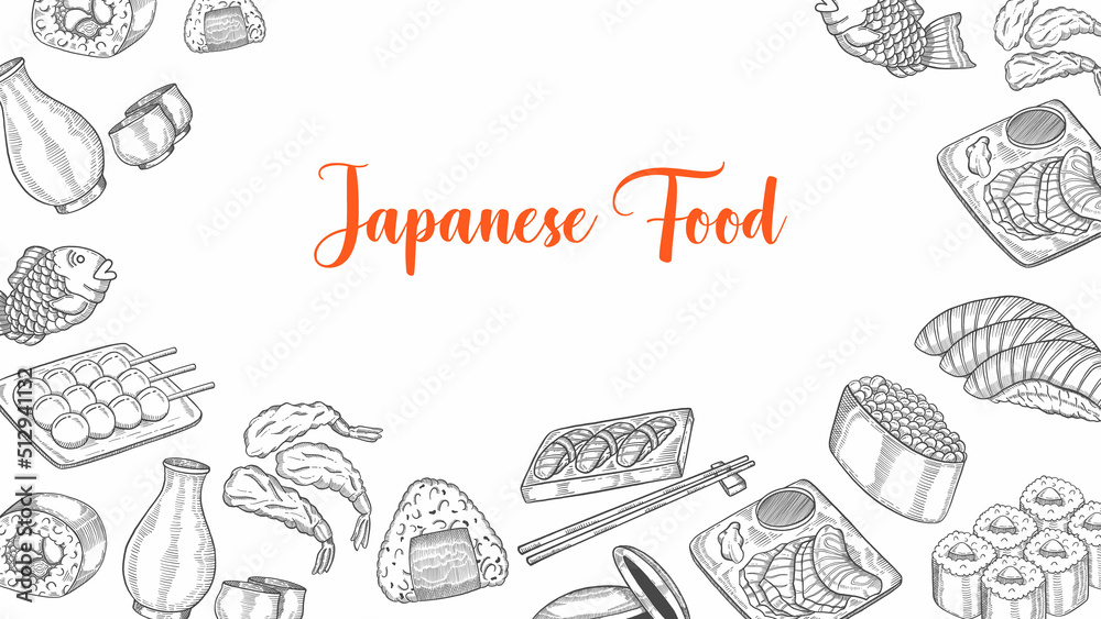 Japan food set collection with hand drawn sketch for background banner template poster