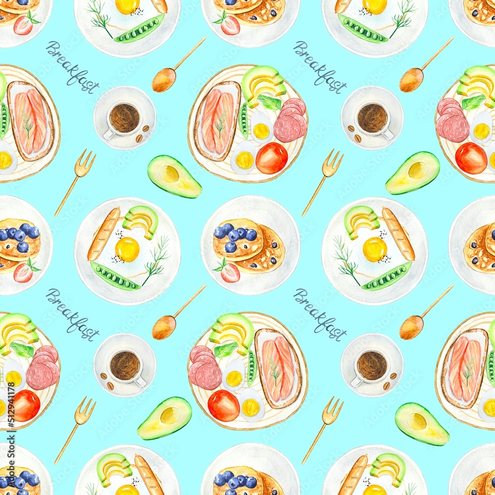 Seamless pattern with watercolor breakfasts on a blue background