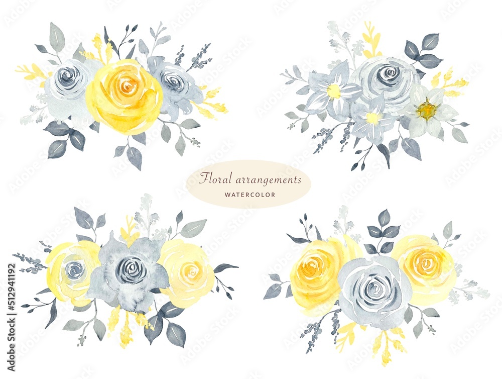 Watercolor set of yellow and gray roses flower arrangements, perfect for greeting cards