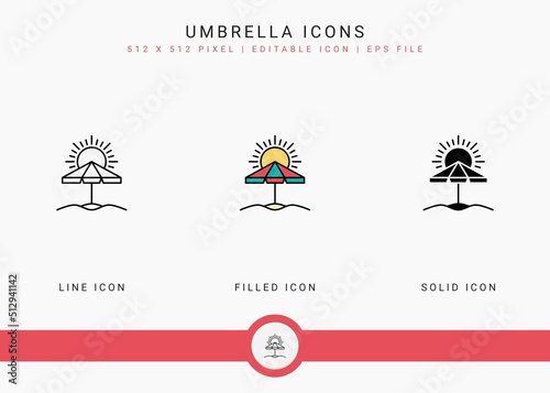 Umbrella icons set vector illustration with solid icon line style. Sunscreen shield concept. Editable stroke icon on isolated white background for web design, user interface, and mobile application