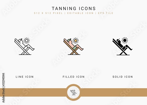 Tanning icons set vector illustration with solid icon line style. Summer beach concept. Editable stroke icon on isolated white background for web design, user interface, and mobile application