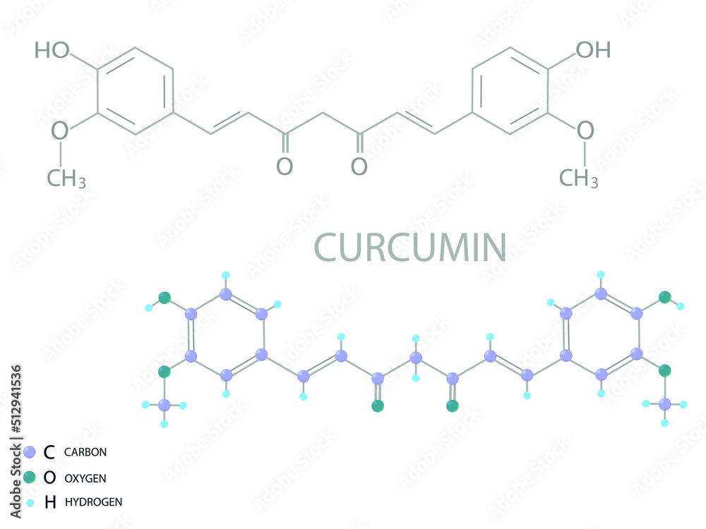 Curcumin molecular skeletal 3D chemical formula.
Curcumin molecular skeletal 3D chemical formula.