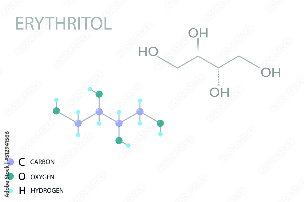 Erythritol molecular skeletal 3D chemical formula.
Erythritol molecular skeletal 3D chemical formula.