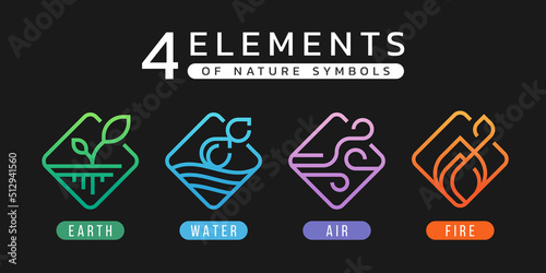 4 elements of nature symbols earth water air and fire with line diamond square icon sign modern style vector design
