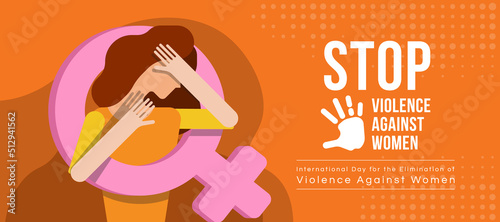 International Day for the Elimination of Violence Against Women - The woman raised her hand to defend herself and female sign around on orange background vector design