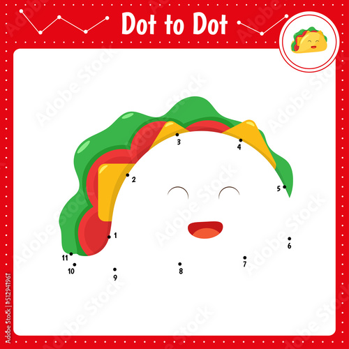 Connect the dots. Taco. Food. Dot to dot educational game. Coloring book for preschool kids activity worksheet. Vector Illustration.