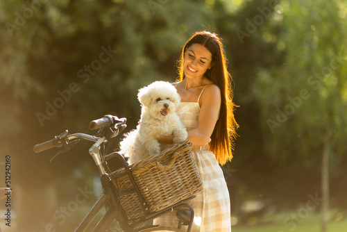 Tableau sur toile Young woman with white bichon frise dog in the basket of electric bike