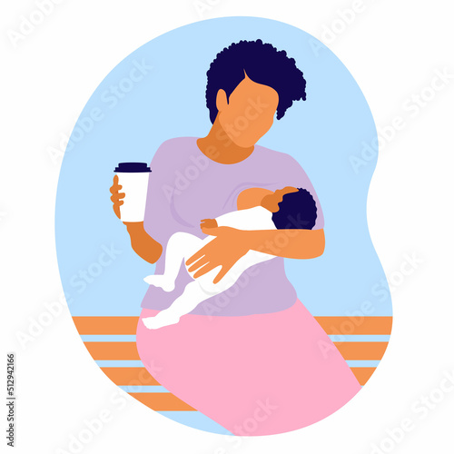 Mother with a child in her arms. Breastfeeding sits on a bench and drinks coffee. Glass of coffee in hand. Moms need coffee. Feeding a child in a public place. Vector flat illustration.