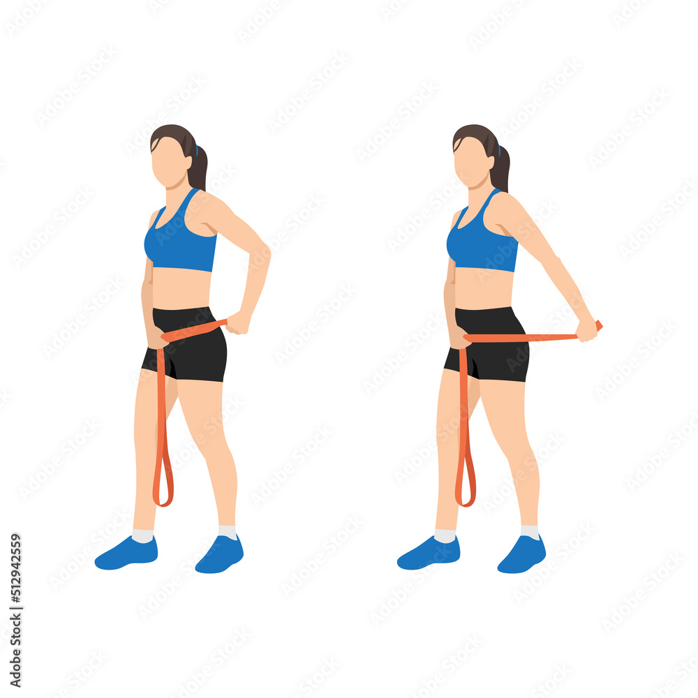 Woman doing Tricep pull with long resistance band exercise. Flat vector illustration isolated on white background Woman doing Tricep pull with long resistance band exercise. Flat vector illustration isolated on white background