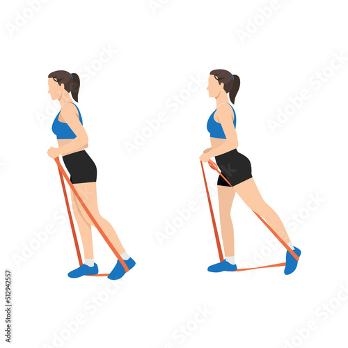 Woman doing backward glute raises with long resistance band exercise. Flat vector illustration isolated on white background