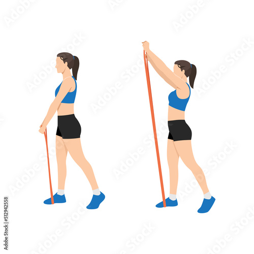 Woman doing Front raises with long resistance band exercise. Flat vector illustration isolated on white background