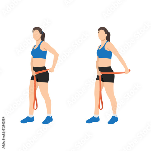 Woman doing Tricep pull with long resistance band exercise. Flat vector illustration isolated on white background