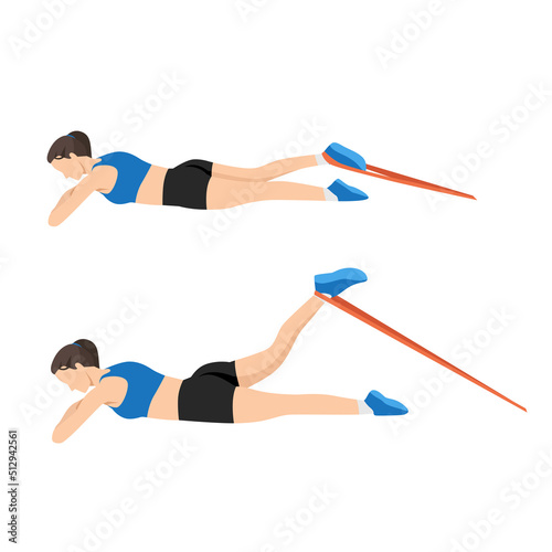 Woman doing Leg curl prone with long resistance band exercise. flat vector illustration isolated on white background