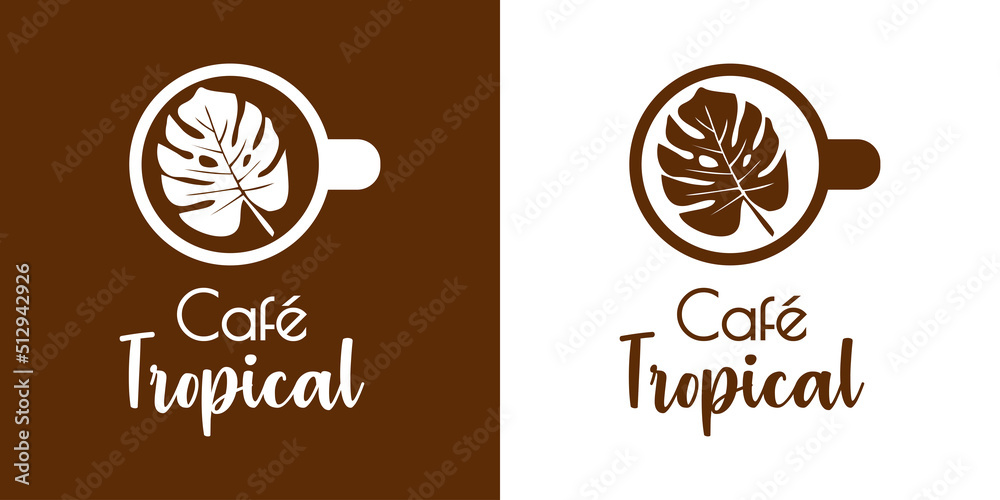 Banner con texto manuscrito Café Tropical. Logo beach bar. Vector con silueta de taza de café con hoja de planta monstera. Fondo marrón y fondo blanco Banner con texto manuscrito Café Tropical. Logo beach bar. Vector con silueta de taza de café con hoja de planta monstera. Fondo marrón y fondo blanco