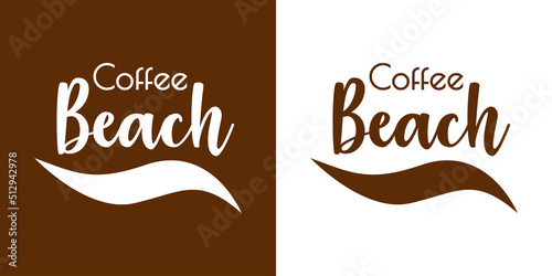 Banner con texto manuscrito Coffee Beach. Logo beach bar. Vector con silueta de olas. Fondo marrón y fondo blanco