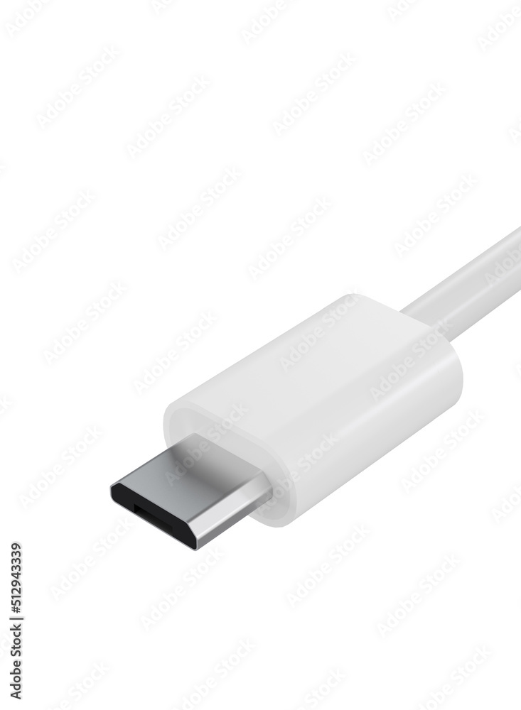 Close up of white micro USB data cable isolated on white background illustration. cord connection. Charger usb data cable. 3D illustration. White micro usb connector HQ 3d render. hd tech rendering Close up of white micro USB data cable isolated on white background illustration. cord connection. Charger usb data cable. 3D illustration. White micro usb connector HQ 3d render. hd tech rendering
