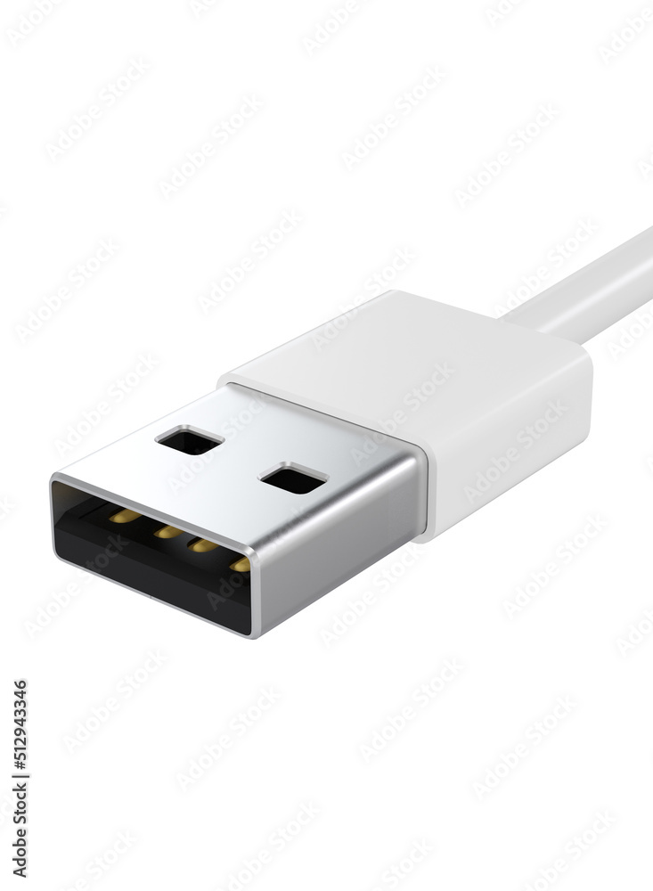 Close up of white USB data cable connector isolated on white background HQ 3d render illustration. usb cord connection. Charging usb data sync cable. Micro usb cable connector . Hd tech rendering Close up of white USB data cable connector isolated on white background HQ 3d render illustration. usb cord connection. Charging usb data sync cable. Micro usb cable connector . Hd tech rendering