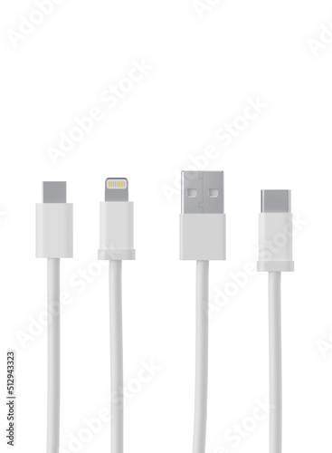 White USB data cables type A, and type C plugs, micro USB and lightning, universal computer and phone connection on white background. isolated usb cord. Electric connect Charger usb cables. 3D render