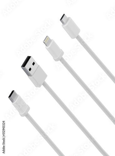 White USB data cables type A, and type C plugs, micro USB and lightning, universal computer and phone connection on white background. isolated usb cord. Electric connect Charger usb cables. 3D render