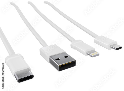 White USB data cables type A, and type C plugs, micro USB and lightning, universal computer and phone connection on white background. isolated usb cord. Electric connect Charger usb cables. 3D render