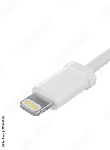 Close up of white lighting USB data cable isolated on white background illustration. cord connection. Charger usb data cable. 3D illustration. White micro usb connector HQ 3d render. hd tech rendering