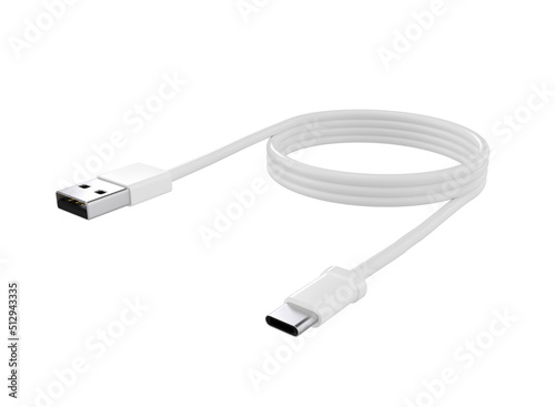 Close up of white type с USB data cable isolated on white background illustration. cord connection. Charger usb data cable. 3D illustration. White micro usb connector HQ 3d render. hd tech rendering