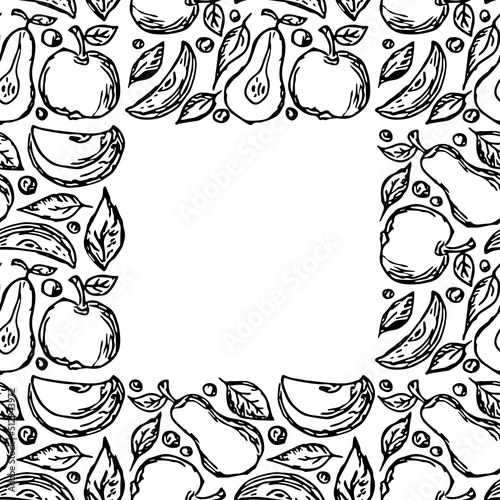 Seamless fruit frame. apple and pear background with place for text. Doodle vector illustration with fruits