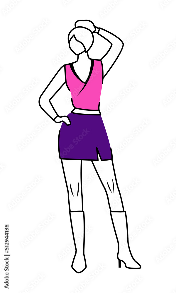 Female fashion model wearing high boots and skirt semi flat color vector character. Standing figure. Full body person on white. Simple cartoon style illustration for web graphic design and animation Female fashion model wearing high boots and skirt semi flat color vector character. Standing figure. Full body person on white. Simple cartoon style illustration for web graphic design and animation