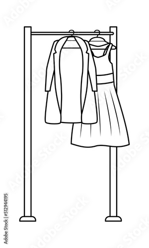 Clothing rack with dresses on hangers semi flat color vector object. Boutique clothing. Full sized item on white. Simple cartoon style illustration for web graphic design and animation