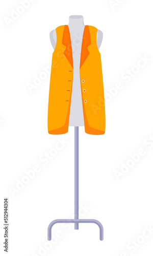 Sewing mannequin with orange jacket semi flat color vector object. Making clothes for casual wearing. Full sized item on white. Simple cartoon style illustration for web graphic design and animation