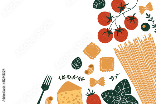 Pasta and tomatoes with garlic and basil. Textured illustration. Italian food horizontal background. Vector illustration