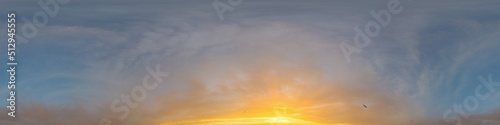 Bright sunset sky panorama with Cirrus clouds. Hdr seamless spherical equirectangular 360 panorama. Sky dome or zenith for 3D visualization, game and sky replacement for aerial drone 360 panoramas. © panophotograph