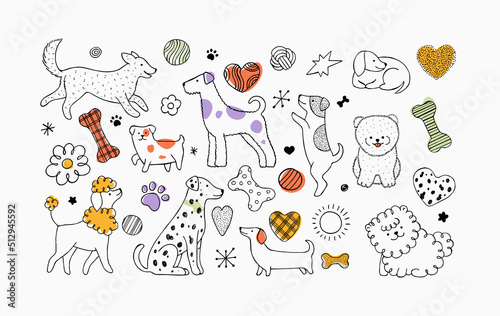 Cute dogs and elements collection. Linear graphic. Animal background. 